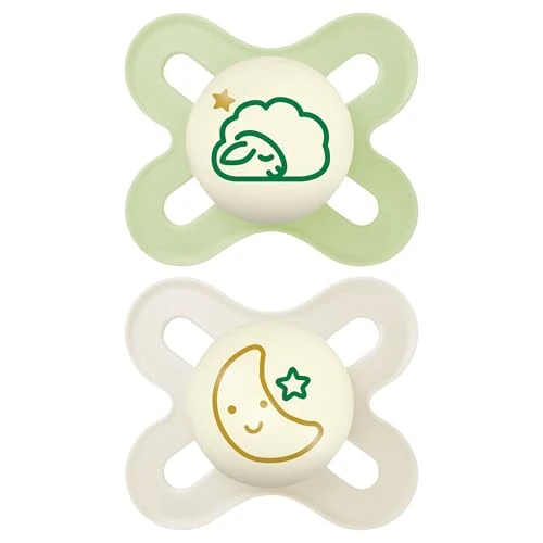 MAM Original Start Night Succhietto 0-2 Mesi (Set da 2), Ciuccio MAM 0-2 mesi che si illumina al buio con tettarella in silicone, Kit da 2 accessori neonato con porta ciuccio sterilizzatore, Neutro