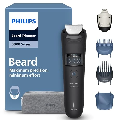 Begrenztes Angebot: Philips Bartschneider 5000er-Serie – selbstschärfende Metallklingen, 40 Längeneinstellungen, BeardSense-Technologie, Haarkollektor, 100% wasserdicht, Reiseetui, Modell BT5765/15 von 59.99 EUR auf 59.99 EUR (Rabatt 0%)
