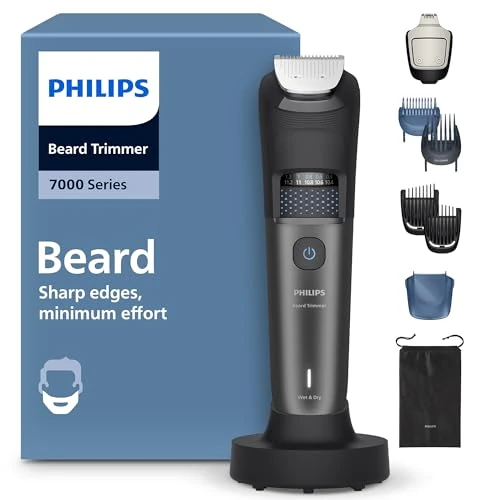 Regolabarba Philips serie 7000 - Lame in metallo autoaffilanti, 40 impostazioni di lunghezza, tecnologia BeardSense, raccoglitore peli, impermeabile, supporto ricarica, custodia morbida, BT7660/15