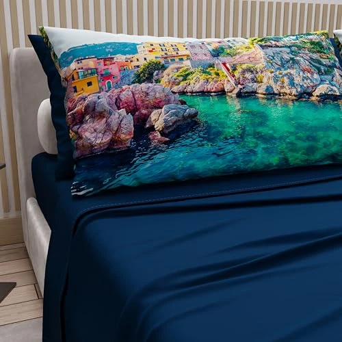 Limited offer: PETTI Artigiani Italiani - Cotton Sheets with Pillowcases in Digital Print, Double Sheet, Sicily Pattern Bed Set, Night Blue, 100% Made in Italy from 32.77 EUR to 32.77 EUR (save 0%)