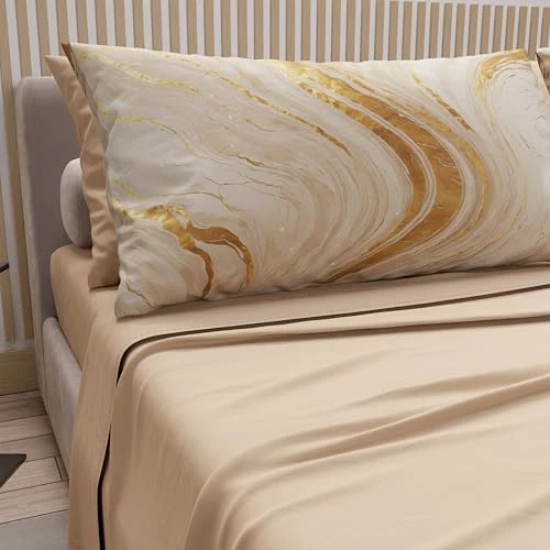 PETTI Artigiani Italiani - Pościel bawełniana z poszewkami na poduszki z nadrukiem cyfrowym, prześcieradło jednoosobowe, komplet pościeli, wzór marmuru, beżowy, 100% wyprodukowano we Włoszech