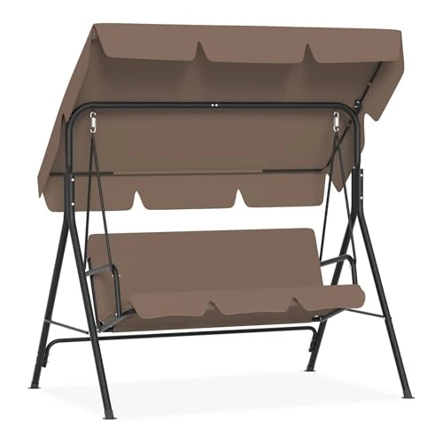 Offerta a tempo: UISEBRT Dondolo da giardino a 3 posti, con tettuccio parasole regolabile, portata fino a 200 kg, resistente alle intemperie, per interni ed esterni, 176 x 110 x 152 cm, marrone scuro - 10% da 105.99 € a 95.18 €