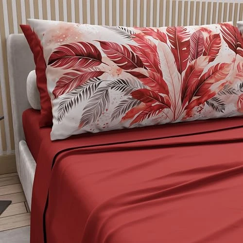 PETTI Artigiani Italiani - Cotton Sheets with Pillowcases in Digital Print, Single Sheet, Red Palm Print Bedding Set, 100% Made in Italy