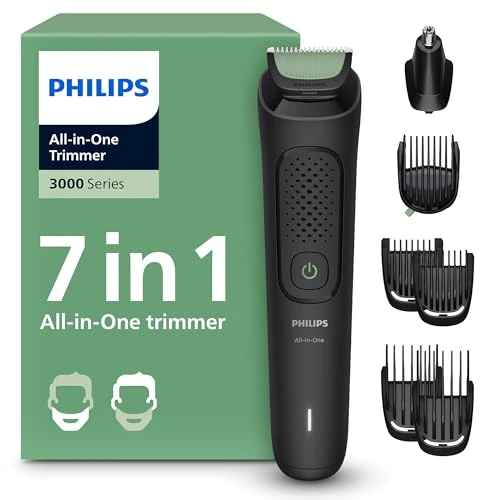 Philips Multigroom All-in-One z serii 3000 – 7-elementowy trymer do twarzy i głowy, samoostrzące się, przyjazne dla skóry ostrza, 10 ustawień długości, model MG3930/15