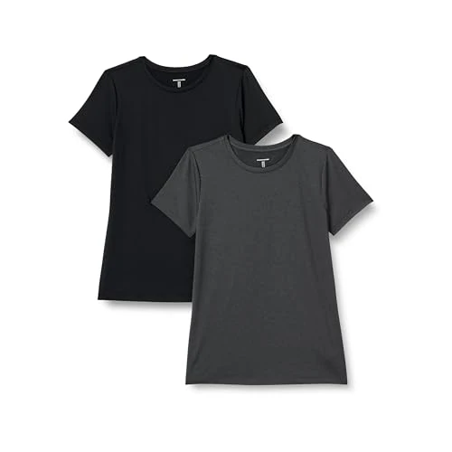 Offerta a tempo: Amazon Essentials Maglie Tecniche a Maniche Corte in Tessuto Elasticizzato, Asciugatura Rapida, per Sport, Palestra, Allenamento e Corsa Donna, Confezione da 2, Grafite Mélange/Nero, XS - 0.00% da 9.41 € a 9.41 €