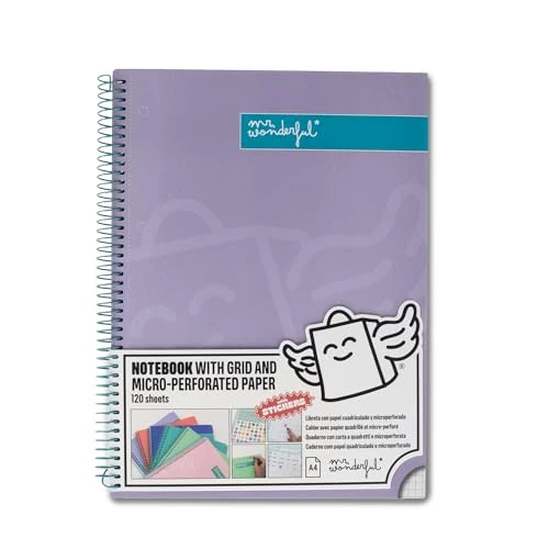 Mr. Wonderful - A4 Purple Notebook - 240 micro-perforated squared pages - Extra Hard Cover - Spiral Binding- Includes stickers
