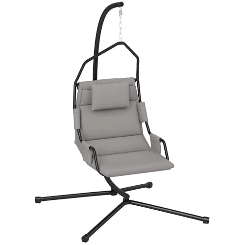 Outsunny Gevoerde tuinstoel met hoofdsteun, haak en ketting, hangstoel voor buiten, van staal en polyester, 118 x 98 x 192 cm, grijs en zwart