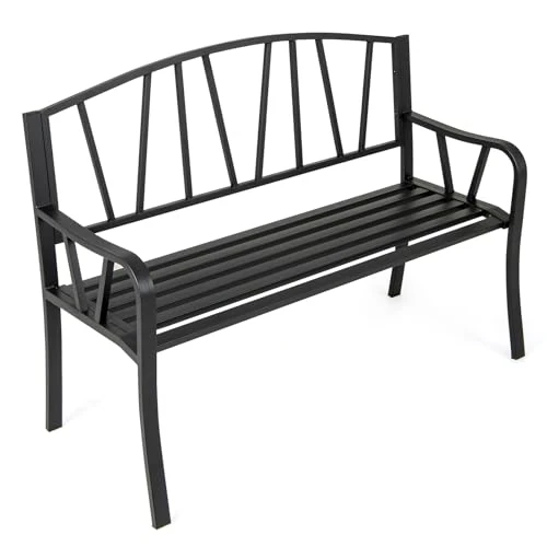 Offerta a tempo: RELAX4LIFE Panchina da Esterno a 2-3 Posti, Panchina da Giardino a Doghe in Metallo con Schienale a a Strisce e Braccioli Curvati, Panca per Cortile/Parco, Max 300 kg, 129x53x93cm (Modello 17) - 50% da 168.99 € a 84.99 €