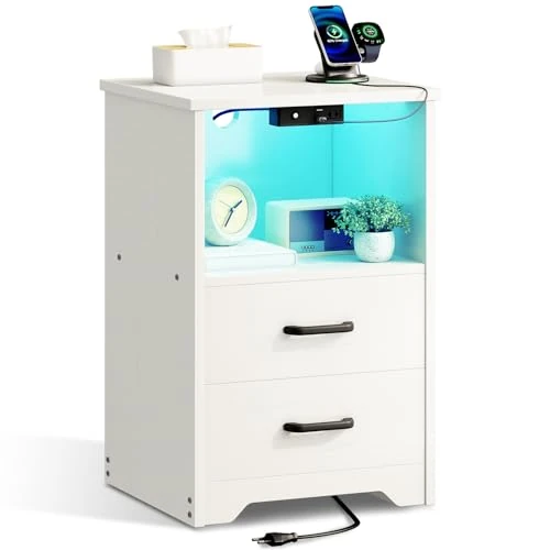 Oferta limitada: Coleshome Mesitas de Noche, Mesita de Noche Blanquecino con 2 Enchufes y 2 Puertos USB, LED de 10 Colores, Mesa de Noche Dormitorio con 2 Cajones de Madera y un Espacio de Almacenamiento, 1 Paquete de 47.49 € a 39.99 € (ahorro 16%)