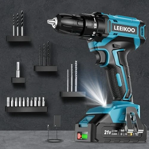 Zeitlich begrenztes Angebot: Akkuschrauber 21V, LEEIKOO Akku Bohrschrauber mit Akku 2.0Ah, 42Nm Akku Bohrmaschine, 2 Gang, 18+1 Drehmomentstufen, 10mm Bohrfutter, LED Licht, 20tlg Zubehöre Set für Haus und Garten DIY Projekt von 59.95 € auf 59.95 € (0.00%