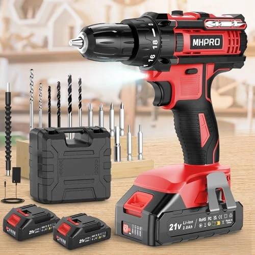 Limited offer: MHPRO 21V Battery Hammer Drill, Drill Driver Battery with 2 Batteries 2000mAh, 42Nm, 18+1 Torque Adjustment Electric Screwdriver, 14 Accessories, 2 Speed, LED Light for Home, DIY from 74.93 EUR to 74.93 EUR (save 0%)