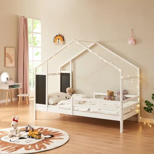 [en.casa] Lorenskog Children's Bed 90 x 200 cm White House Bed Youth Bed in House Look Bed House Play Bed with Fall Protection