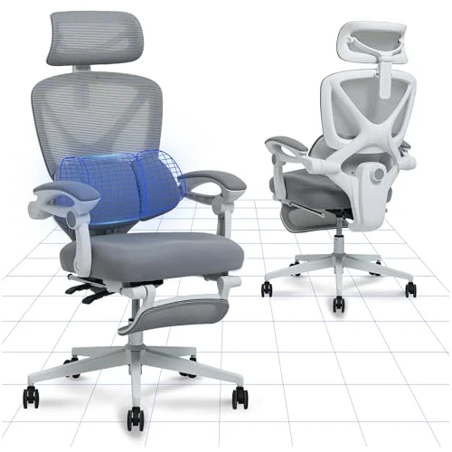 FLEXISPOT Ergonomische bureaustoel, 135° leunend, met 3D verstelbare hoofdsteun, gesynchroniseerde armleuningen en lendensteun in 3 zones, draaibare bureaustoel met intrekbare voetsteun - wit/grijs