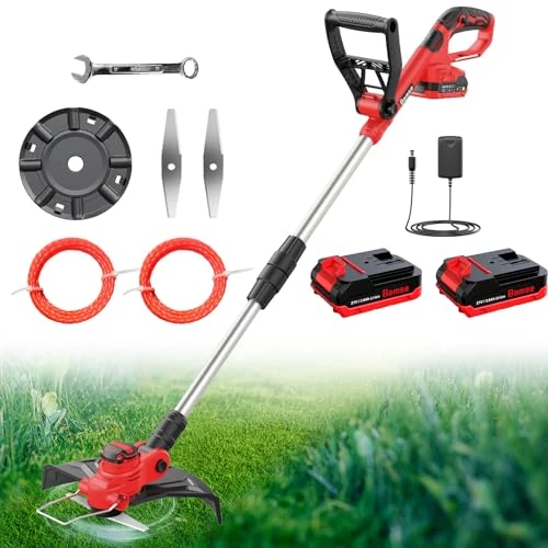 Bamse Accu-grastrimmer met accu, 21 V, bosmaaier met 2 batterijen, 2000 mAh, 2 messen, 2 maaidraden, telescopische buis, verstelbare handgreep, 90 graden draaibare kop voor gazon en andere