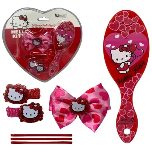 Accessori per capelli Hello Kitty per bambine confezione a forma di cuore completa di 7 pezzi spazzola forcine elastici fermaglio