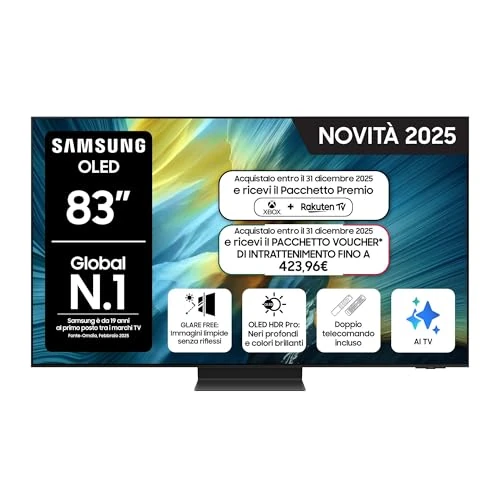 Offerta a tempo: Samsung OLED 4K Vision AI Smart TV 83'' QE83S95FAEXZT, NQ4 AI Gen4 Processor,AI Upscaling, Glare Free, Dolby Atmos & OTS+, Infinity One Design, PACCHETTO INTRATTENIMENTO, 2025 - 0% da 3469.00 € a 3469.00 €