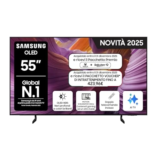 Offerta a tempo: Samsung Smart TV 55'' QE55S85FAEXZT OLED 4K, NQ4 AI Gen2 Processor, 4K AI Upscaling, Glare Free, Dolby Atmos & OTS Lite, Contour Design, 2025 - 0% da 875.99 € a 875.99 €