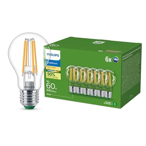 Offre limitee: Philips, ampoule LED Ultra Efficient Classe A, 60W, culot E27, blanc chaud 2700K, transparente, verre, lot de 6 de 21.99 EUR a 21.99 EUR (economie 0%)
