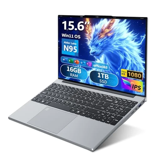 Offre limitee: Ordinateur Portable Win 11, 15,6 Pouces PC Portable 16Go RAM DDR4 1To SSD, 1080P Écran Laptop con Office 365, Celeron N95 CPU, Déverrouillage Empreinte/Clavier Rétro-éclairé, Webcam/BT4.2/USB3.0 de 349.99 EUR a 299.99 EUR (economie 14%)