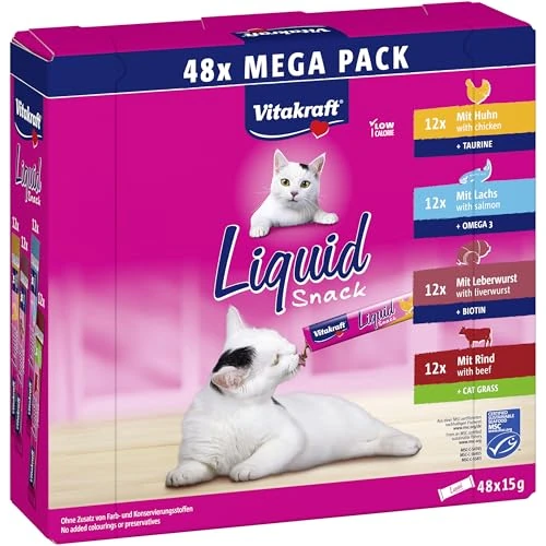 Limited-time offer: Vitakraft Liquid Cat Snack, Cat Treats in Mega Pack, Creamy Texture, Beef, Chicken, with Salmon, 1 Storage Pack (48 x 15 g) from 29.24 GBP to 29.24 GBP (save 0%)