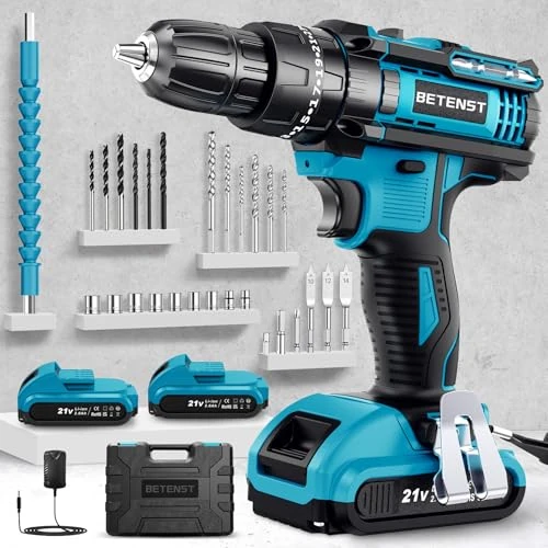 Wiertarka akumulatorowa, wkrętarka akumulatorowa 21 V, wiertarka udarowa 42 Nm z 2 bateriami 2,0 Ah, 25+3 ustawienia momentu obrotowego, LED, 2 prędkości, 30 akcesoriów do majsterkowania