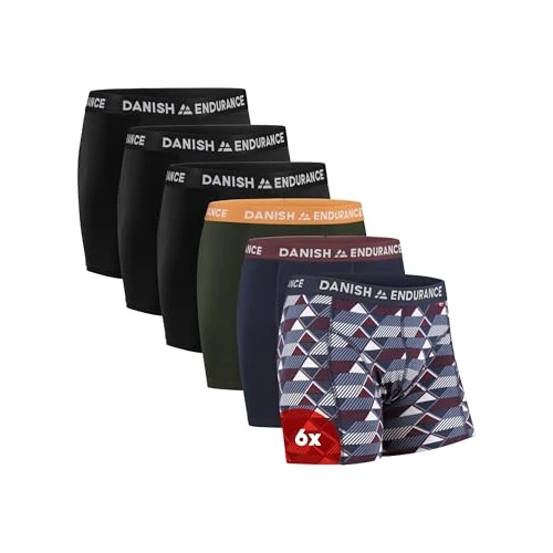 DANISH ENDURANCE 6er Pack Boxershorts Herren, Weiche Baumwolle, Unterhosen Männer, Mit oder ohne Eingriff, Mehrfarbig (3xSchwarz, 1xGrün/Orange, 1xMarineblau/Bordeaux, 1xRetro), S