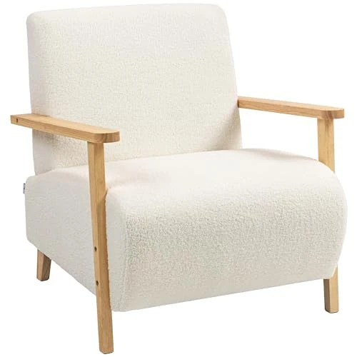 HOMCOM Sillón de salón con revestimiento de tela sherpa, sillón de dormitorio estilo nórdico con reposabrazos y patas de madera de goma, relleno grueso, color crema