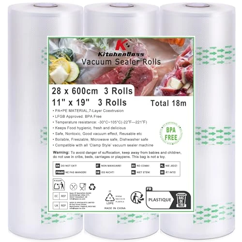 Oferta limitada: KitchenBoss Rollos Envasadora al Vacio：Bolsas de envasado al vacío 28 x 600 cm 3 rollos, 170 µm, Bolsas Vacio Alimentos para Envasado al Vacío, Fuerte y Resistente al Desgarro de 13.99 EUR a 11.89 EUR (ahorro 15%)