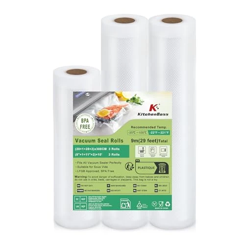 Offerta a tempo: KitchenBoss Sacchetti Sottovuoto per Alimenti：3 Rotoli 20/28x300cm, Rotolo Sottovuoto Alimenti per Macchine Sottovuoto e Cottura Sous Vide, Buste Sottovuoto Goffati - 15% da 9.99 € a 8.49 €