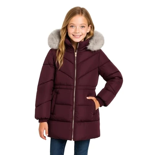 SOLOCOTE Winterjas voor meisjes, waterdicht, met capuchon, gewatteerd, donsjack, sherpa-voering, imitatiebont, zware lange parka voor kinderen, Rood, 14 jaar