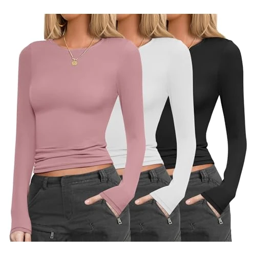 Offerta a tempo: Ekouaer Donna Maglie Termica 3pcs Maniche Lunghe Camicie Termiche Elasticizzato Aderente Tee, Nero + Bianco + Rosa, XL - 41% da 36.99 € a 21.99 €