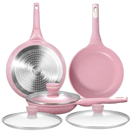 Limitiertes Angebot: DYGG Pfannenset 6-teilig Antihaft Granit 20+26+28 cm Pink, CO2-reduziert & 100% PFAS/PFOA-frei, Induktionstauglich für alle Herdplatten, spülmaschinenfest mit Glasdeckel von 99.98 EUR auf 99.98 EUR (Spare 0%)