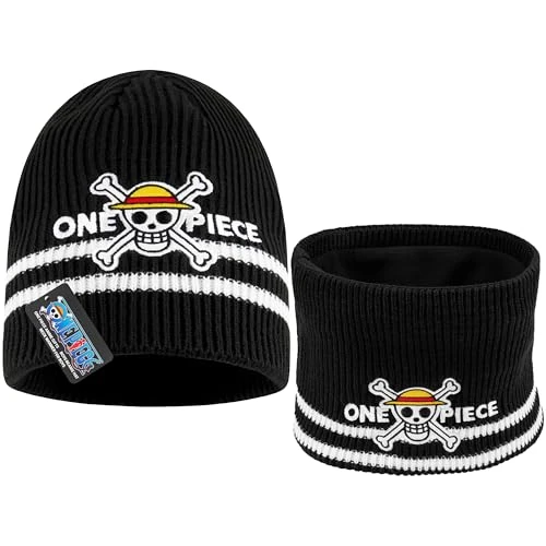Get Trend One Piece Bonnet Garçon Ensemble Bonnet Tour de Cou Enfant et Ado, 2 Pièces, Chapeau et Snood Garcon, Cadeau Anime (7-14 Ans, Noir One Piece, 2)