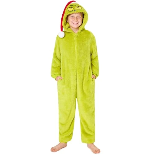 The Grinch Onesies for Kids & Teens 4-16 Years, Soft Hooded Onesie PJ With Pockets & Santa Hat, Secret Santa Gifts for Kids (4-5 Years, Green Kids)