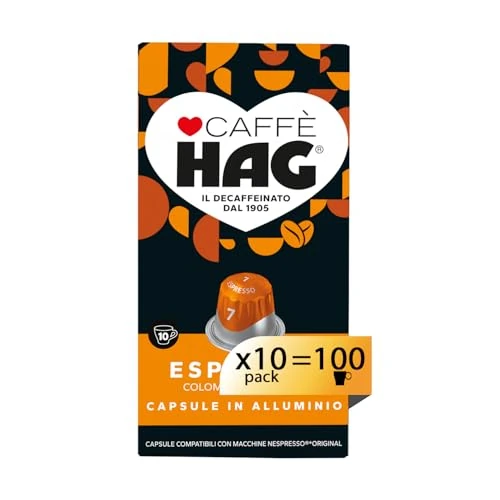 Offerta a tempo: Hag - Capsule Caffè Decaffeinato Espresso Colombia - 100 capsule in alluminio - 10 pacchetti da 10 - Intensità 7 - Compatibili con Macchine Nespresso®* original - 23% da 33.90 € a 25.99 €