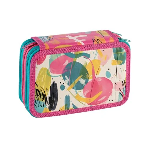 Favorit Pencil Case 3 Compartments for School, with Stationery, 20 x 13 x 7.5 cm, Art Pink