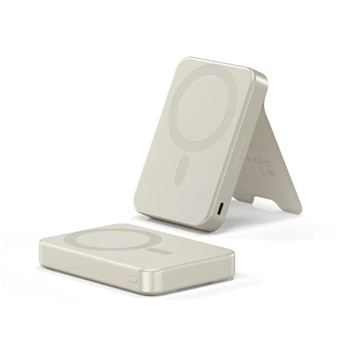 SATECHI OntheGo™ 10000mAh Power Bank, MagSafe Qi2 Power Bank met 15W Snelladen en Ingebouwde Standaard, Compact, voor Android en Alle iPhone 17, 16, 15 tot 12 – Beige