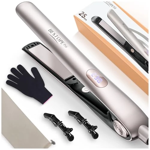 BESTOPE PRO Piastra Capelli Professionale 2-In-1, Ceramiche Antistatiche Ione Negativo, Display LCD, Pannello Flottante Ultra Lungo, 5 Impostazioni di Temperatura 120-230°C, Oro Champagne