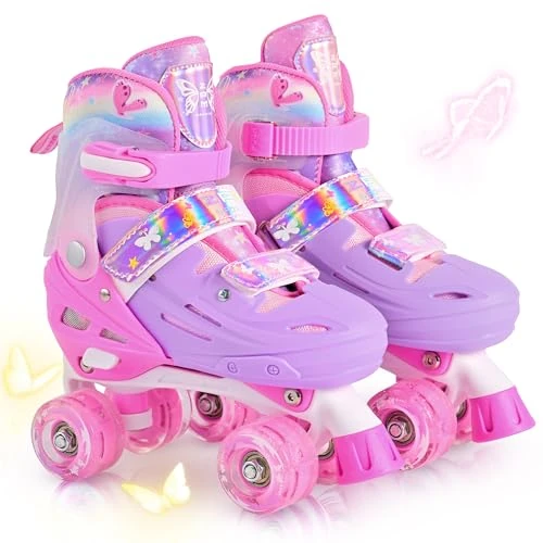 2PM SPORTS Regulowane wrotki dla dziewcząt, dzieci w wieku 3-12 lat, wrotki dla dzieci, początkujących, małych dzieci, dziewczynek, młodzieży, z różowym wzorem motyla