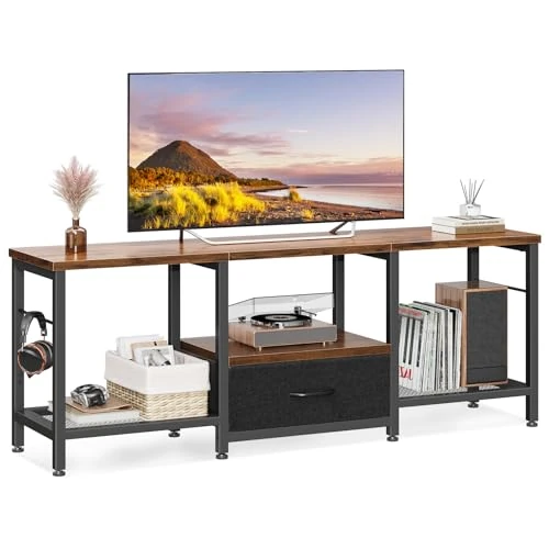 Coleshome Tv-kast, tv-tafel met drie open vakken en een grote stoffen lade, tv-meubel, geschikt voor woonkamer, speelkamer, biedt plaats voor televisies tot 120 cm lengte, retrokleur