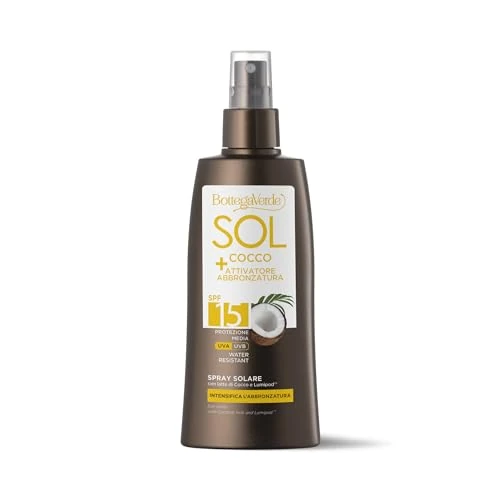 Offerta a tempo: Bottega Verde - SOL Cocco + Attivatore di abbronzatura, spray solare, intensifica l’abbronzatura, 200 ml, con Latte di Cocco e Lumipod, water resistant, protezione media SPF15 - 62% da 30.00 € a 11.30 €