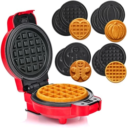 Limitiertes Angebot: LEHMANN 4-in-1 Mini Waffeleisen mit Wechselplatten - Kürbis, Lebkuchen, Herz und Klassisch, Mini-Waffeleisen für Feiertage, Halloween, Weihnachts, Kindergeburtstage, Antihaftbeschichtung, Rot von 24.99 EUR auf 24.99 EUR (Spare 0%)