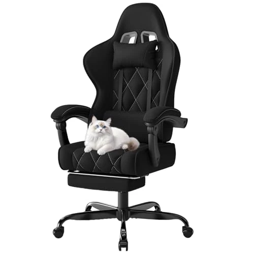 Devoko Chaise de gaming en tissu, chaises de bureau ergonomiques avec massage, Cadeira Gamer avec rembourrage à ressorts, appuie-tête, repose-pieds, roues, réglable en hauteur, noir