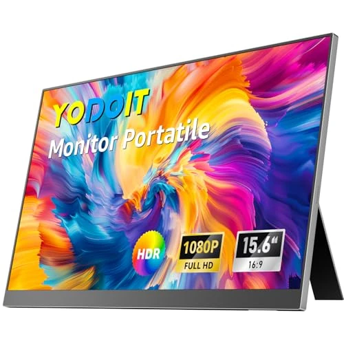 Yodoit Przenośny monitor 39.6 cm 1920 × 1080 FHD, wyświetlacz IPS z podpórką, portem USB typu C i wbudowanymi głośnikami z inteligentną osłoną, kompatybilny z komputerem, laptopem, MacBookiem, Xbox