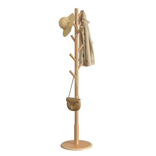 Limited-time offer: VASAGLE Coat Rack, Solid Wood Coat Stand, Free Standing Hall Coat Tree with 8 Hooks for Coats, Hats, Bags, Purses, for Entryway, Hallway, Rubberwood Hooks and Pole, Natural Beige RCR009YK01 from 25.99 £ to 25.99 £ (save 0.00%)