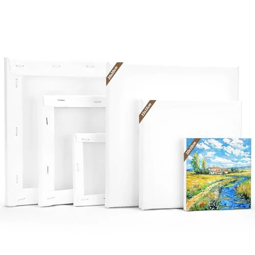 LUOJINYI Canvasset, 6 stuks canvas om te beschilderen, 20 x 20, 15 x 15, 10 x 10 cm, elk 2 stuks, spieraam canvas, katoen/schildersbordafbeeldingen voor acrylverf, olieverfschilderijen, beginnende