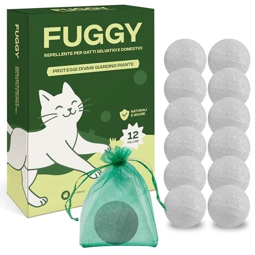 FUGGY - Repelente para gatos sofá natural - Repelente y ahuyentador de gatos para interior y exterior - 12 bolas + 5 sobres - Anti gato sofá y jardín