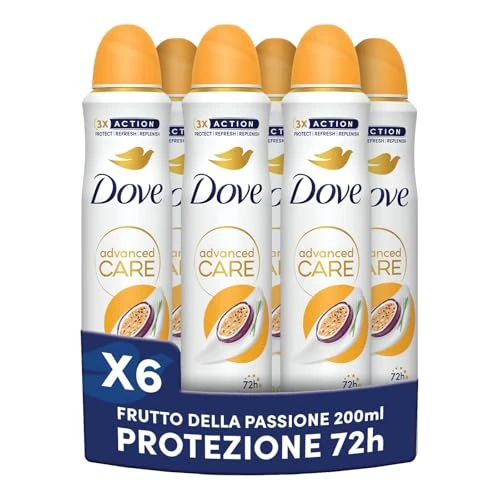 Dove Deodorant Spray Advanced Care Go Fresh Passion Fruit, with moisturizing and delicate formula on the skin, alcohol free, dry skin up to 72 hours, deodorant for men and women, 6 pieces of 200 ml