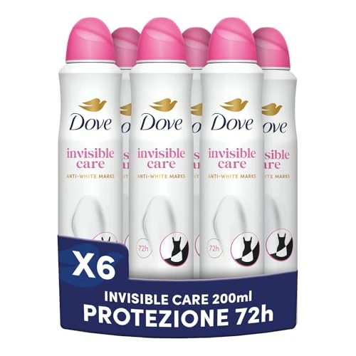 Offerta a tempo: Dove Deodorante Spray Advanced Care Invisible Care, con Formula Idratante e Delicata sulla Pelle, Formula Anti-macchia, Pelle Asciutta Fino a 72 Ore, Deodorante Uomo e Donna, 6 Pezzi da 200ml - 36% da 31.74 € a 20.23 €