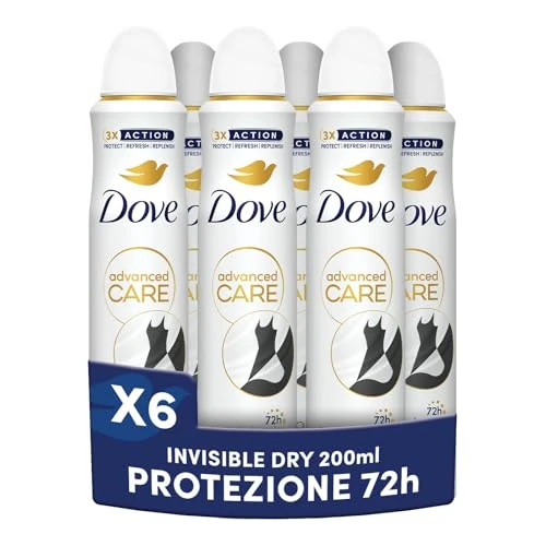 Dove Desodorante en spray Advanced Care Invisible Dry, con fórmula hidratante y delicada con la piel, fórmula antimanchas, piel seca hasta 72 horas, desodorante para hombre y mujer, 6 unidades de 200